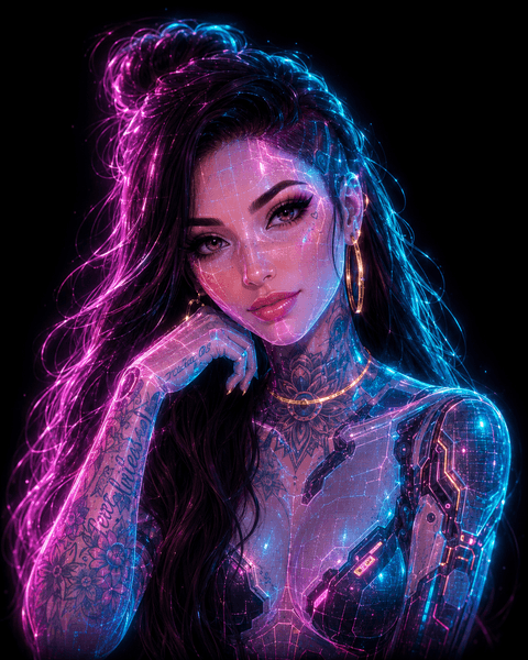 ET portrait, illuminated with pink and cyan light